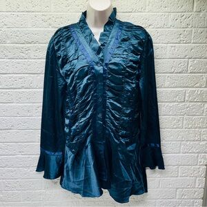 Patch 22 Sz L Poly Blue Satin Long Sleeve Pleated Tunic Blouse Whimsygoth • EX‼